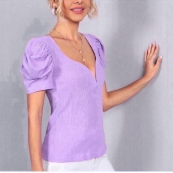 Puff Sleeve Rib-Knit Tee  Size XS - Picture 7 of 10